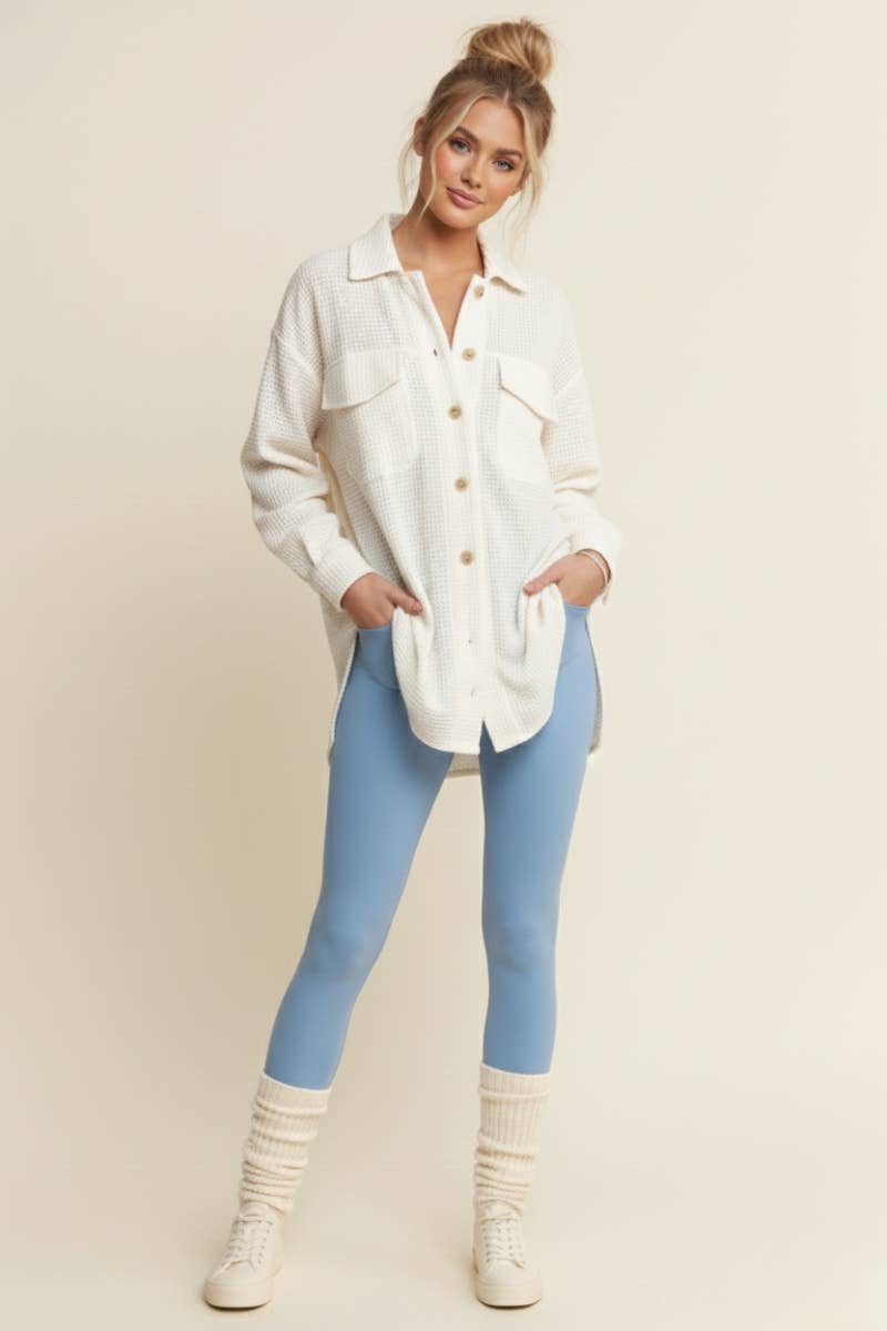 Cream Waffle Knit Long Sleeve Button Up