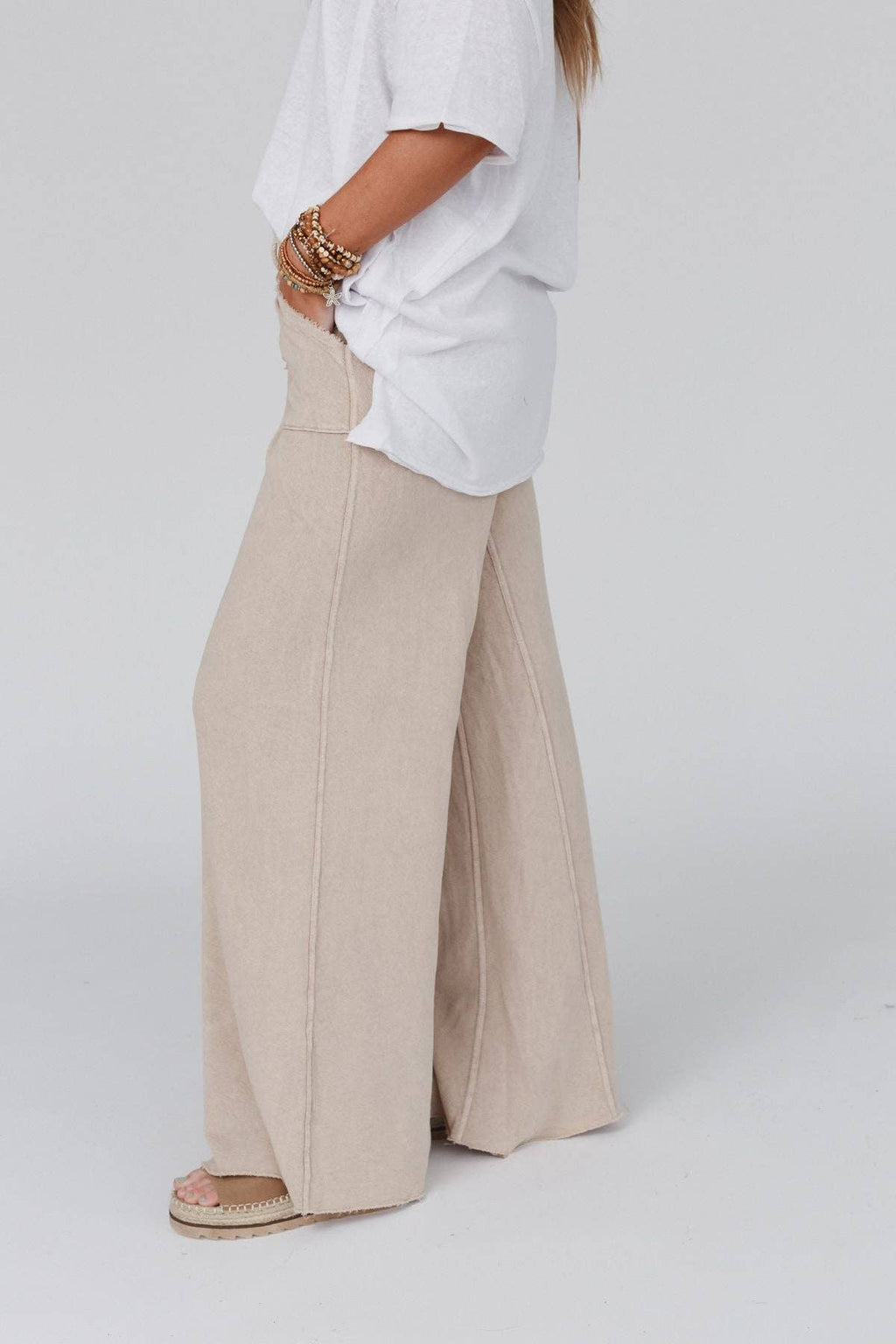 Vintage Wash Wide Leg Pants- Cream