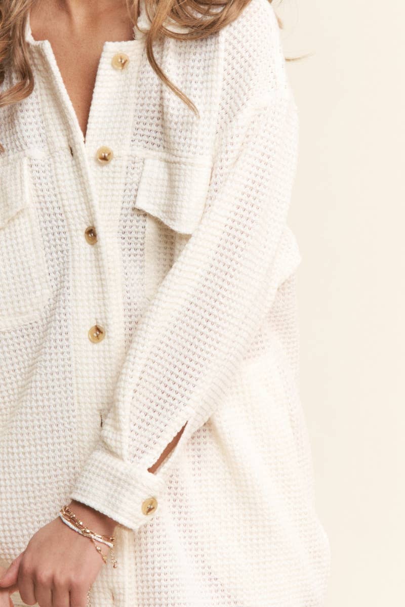Cream Waffle Knit Long Sleeve Button Up