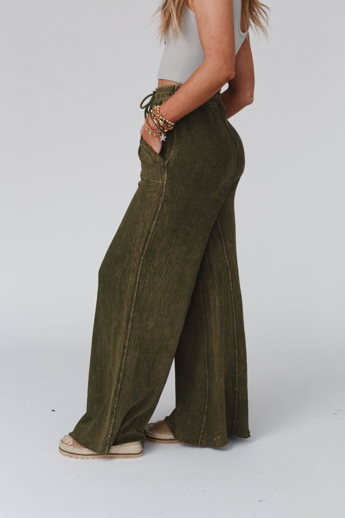 Vintage Wash Wide Leg Pants- Olive
