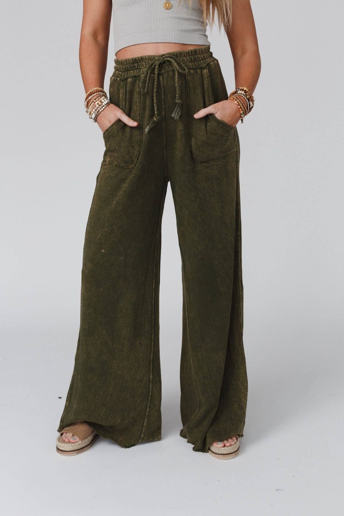 Vintage Wash Wide Leg Pants- Olive