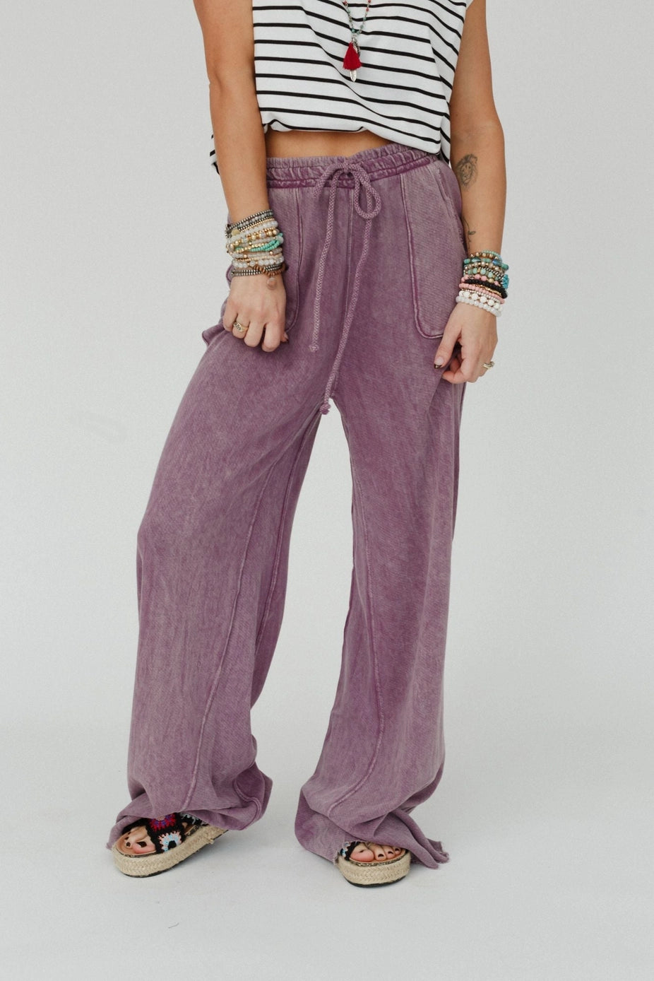 Vintage Wash Wide Leg Pants- Plum