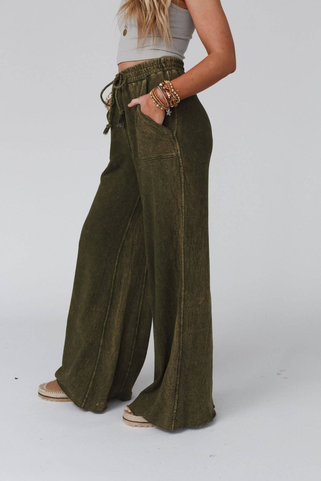Vintage Wash Wide Leg Pants- Olive