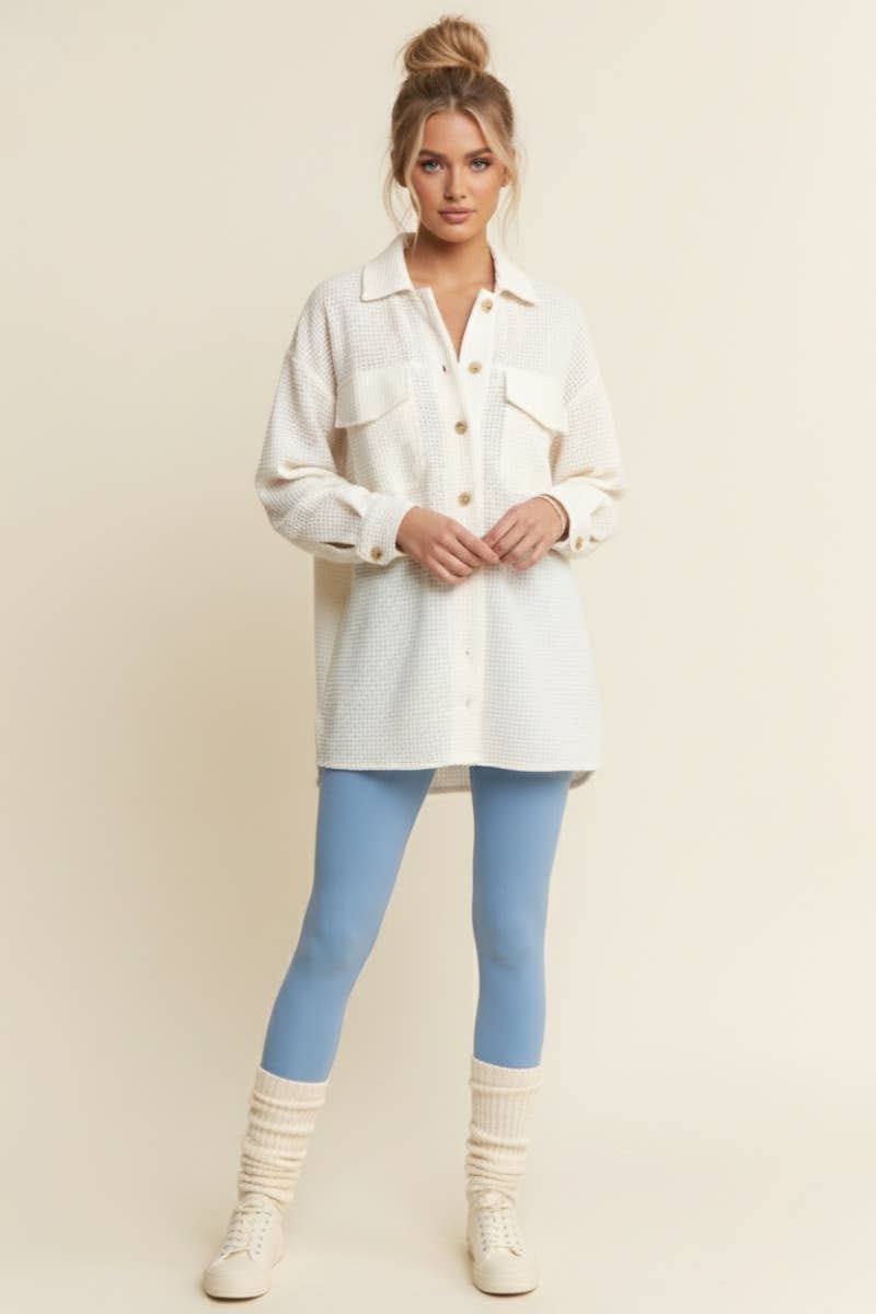 Cream Waffle Knit Long Sleeve Button Up