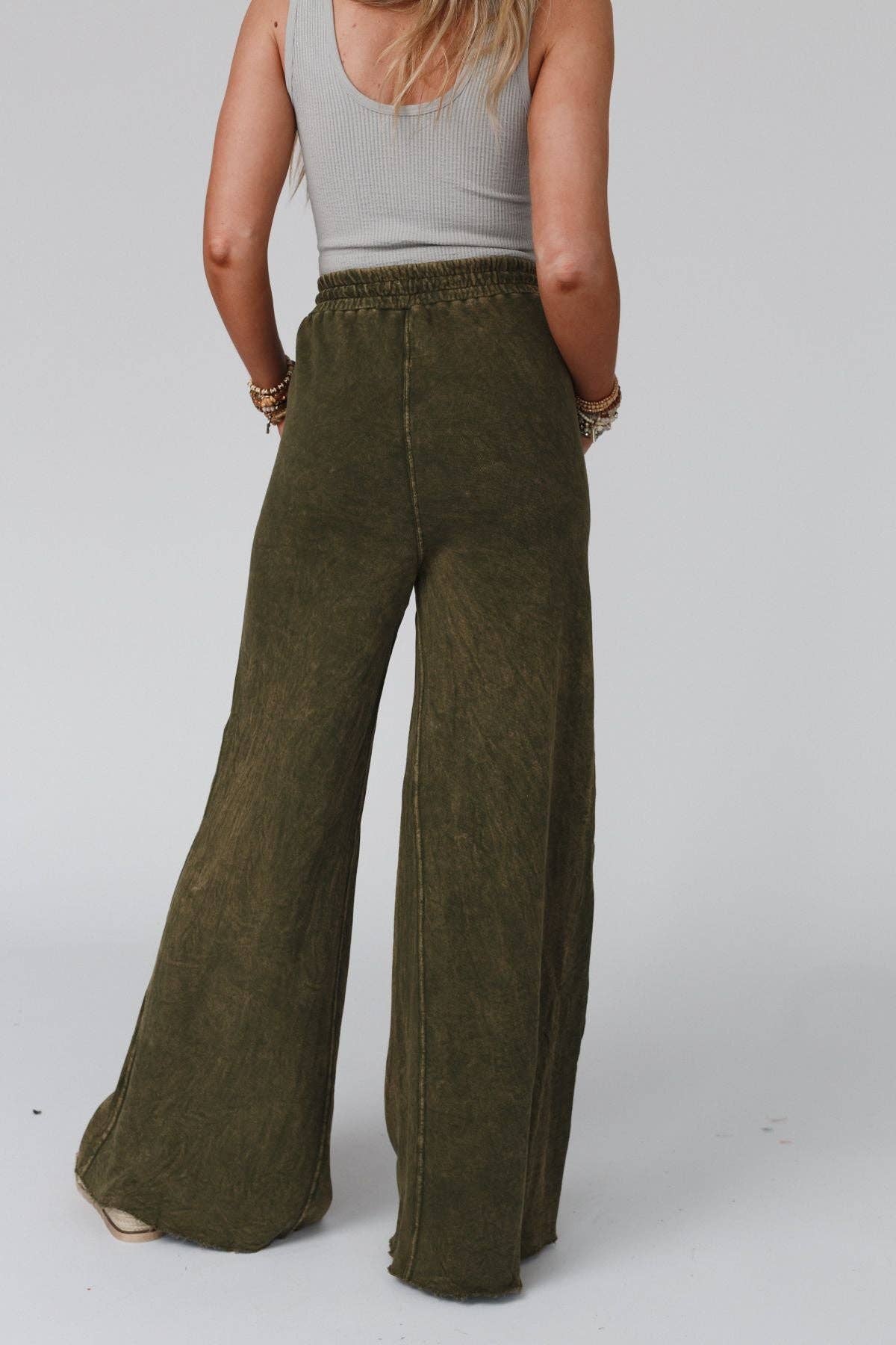 Vintage Wash Wide Leg Pants- Olive