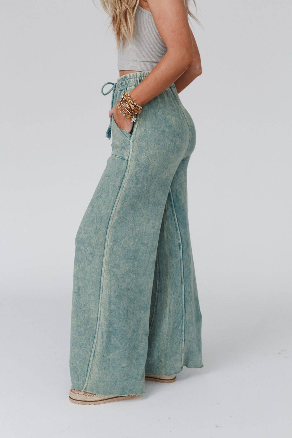 Vintage Wash Wide Leg Pants- Aqua