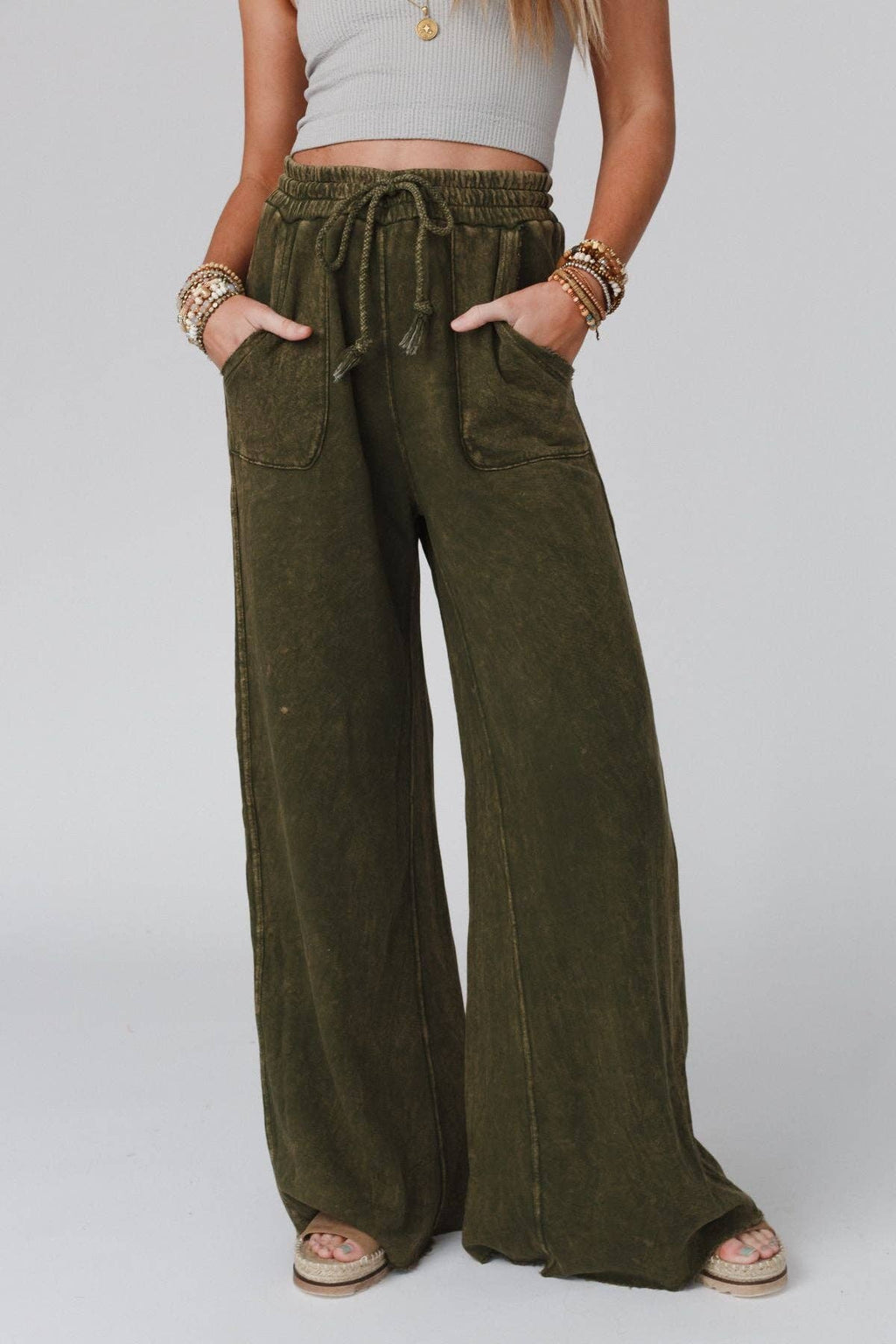 Vintage Wash Wide Leg Pants- Olive