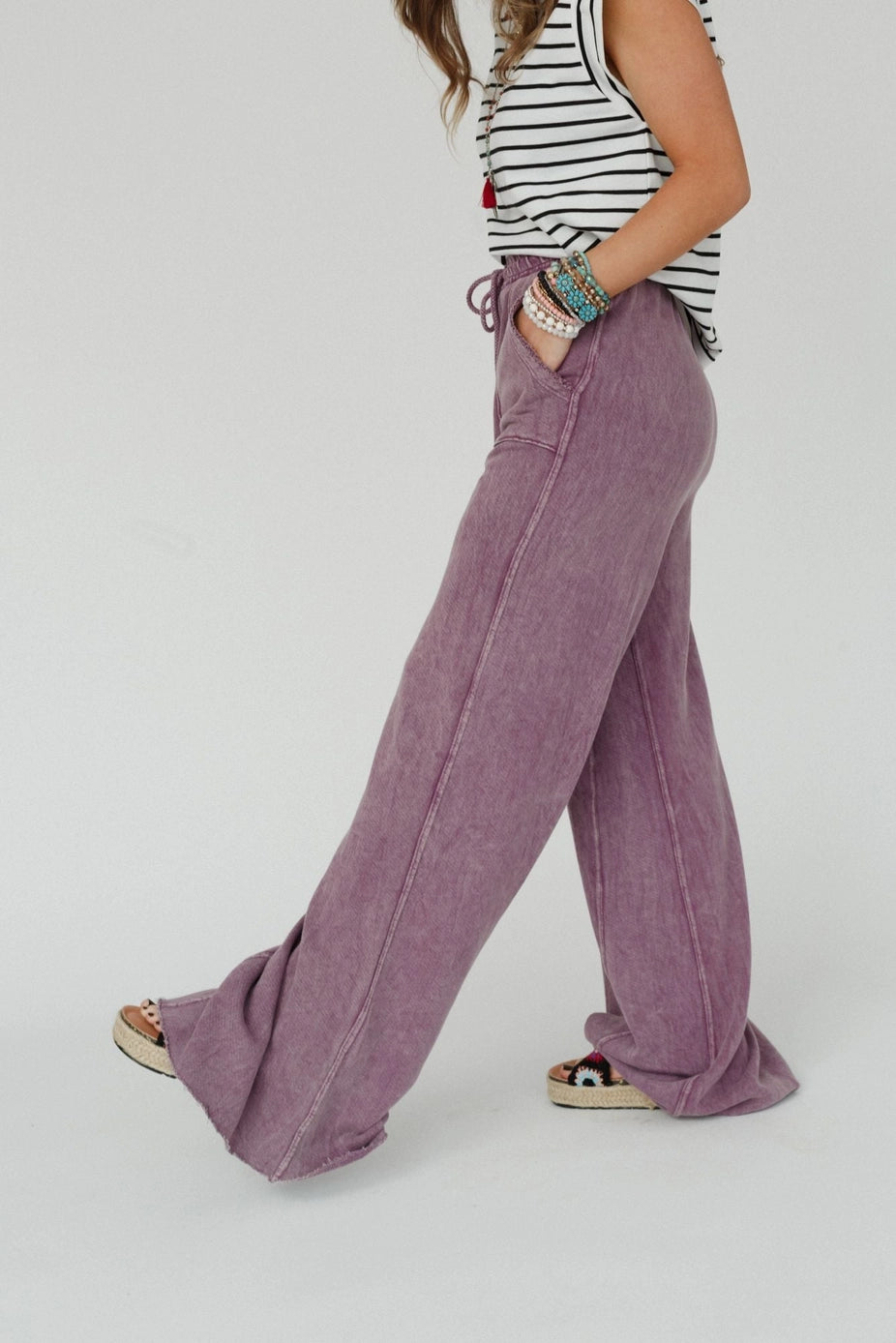 Vintage Wash Wide Leg Pants- Plum