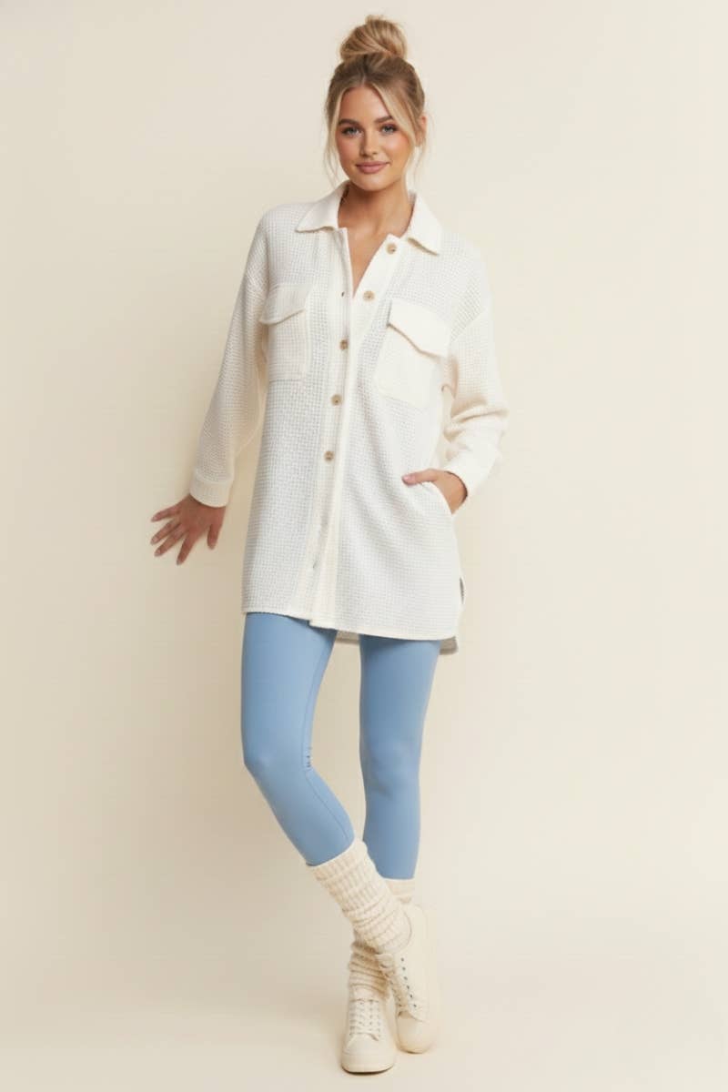 Cream Waffle Knit Long Sleeve Button Up