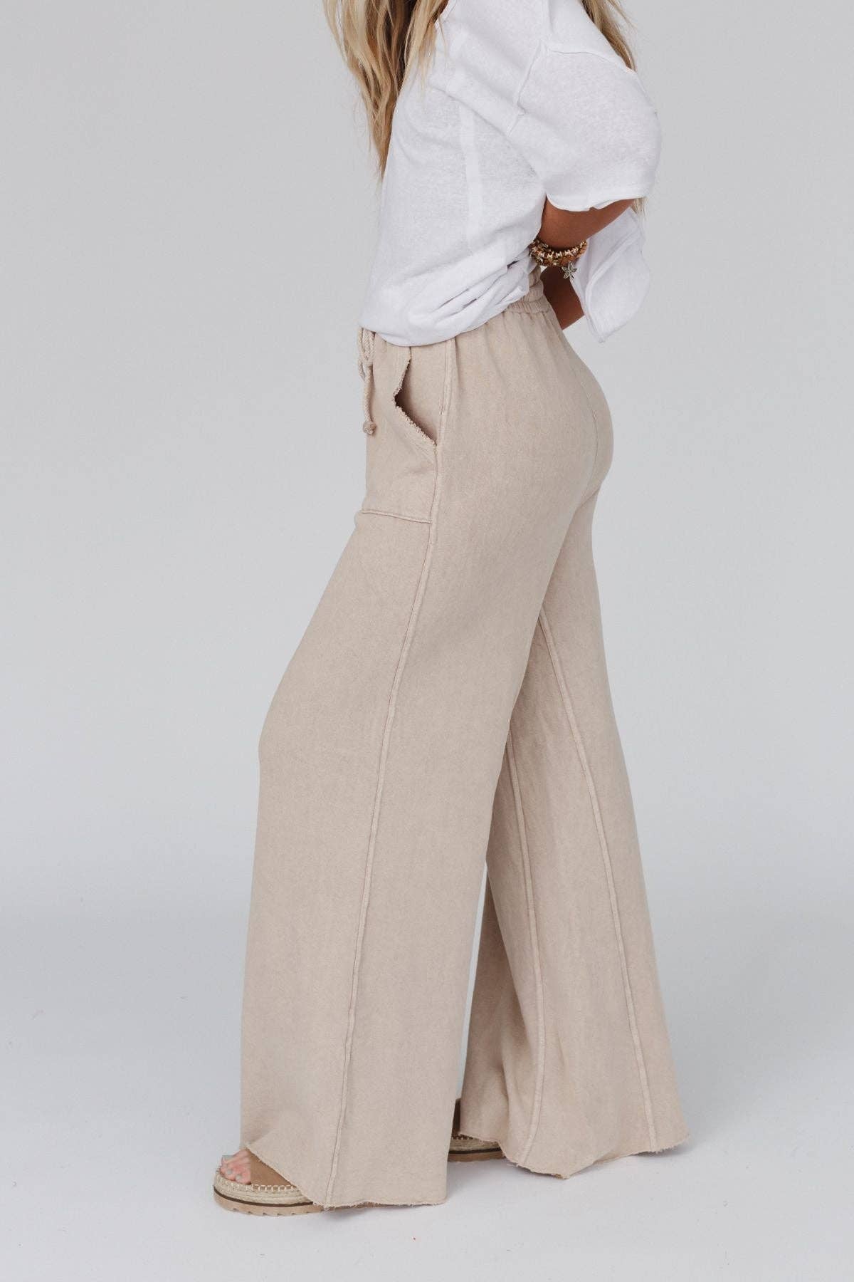 Vintage Wash Wide Leg Pants- Cream