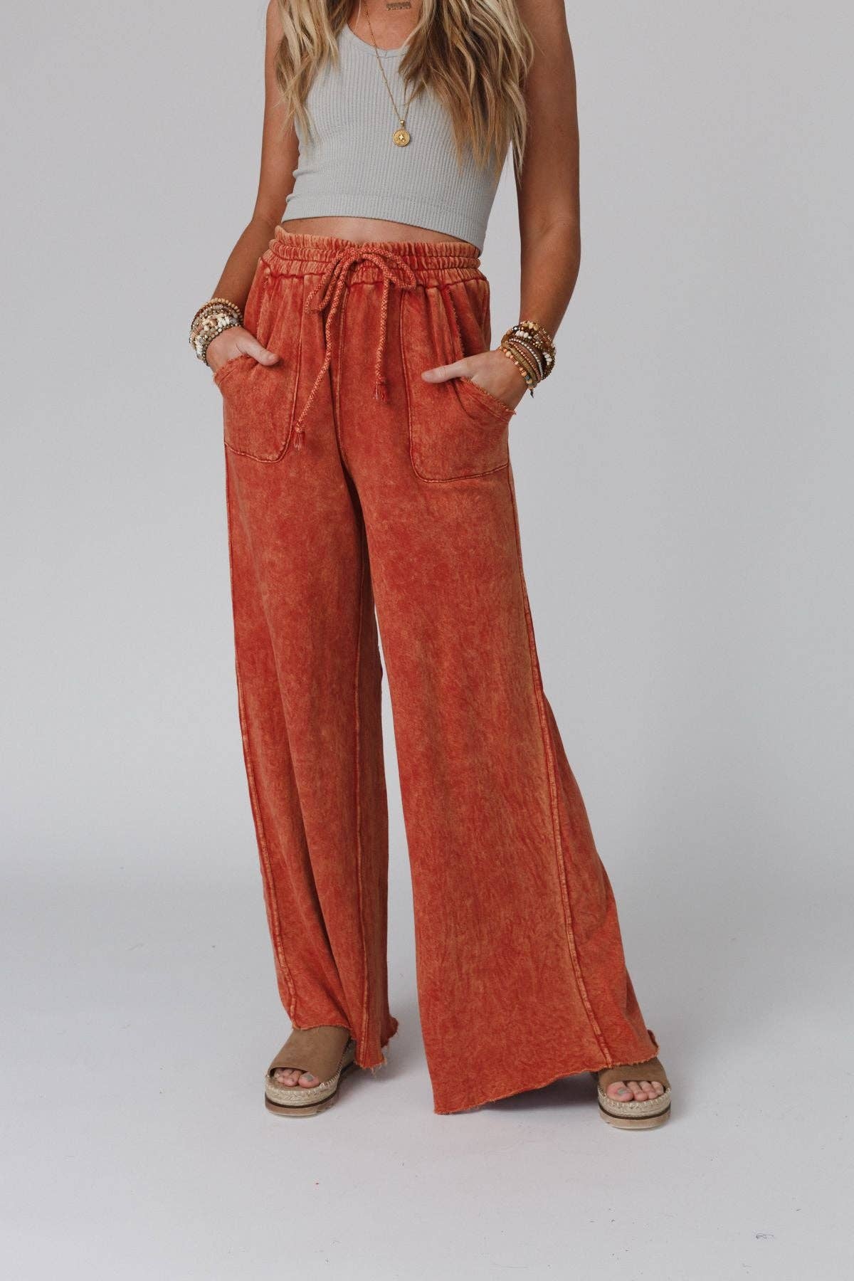 Vintage Wash Wide Leg Pants- Tangerine
