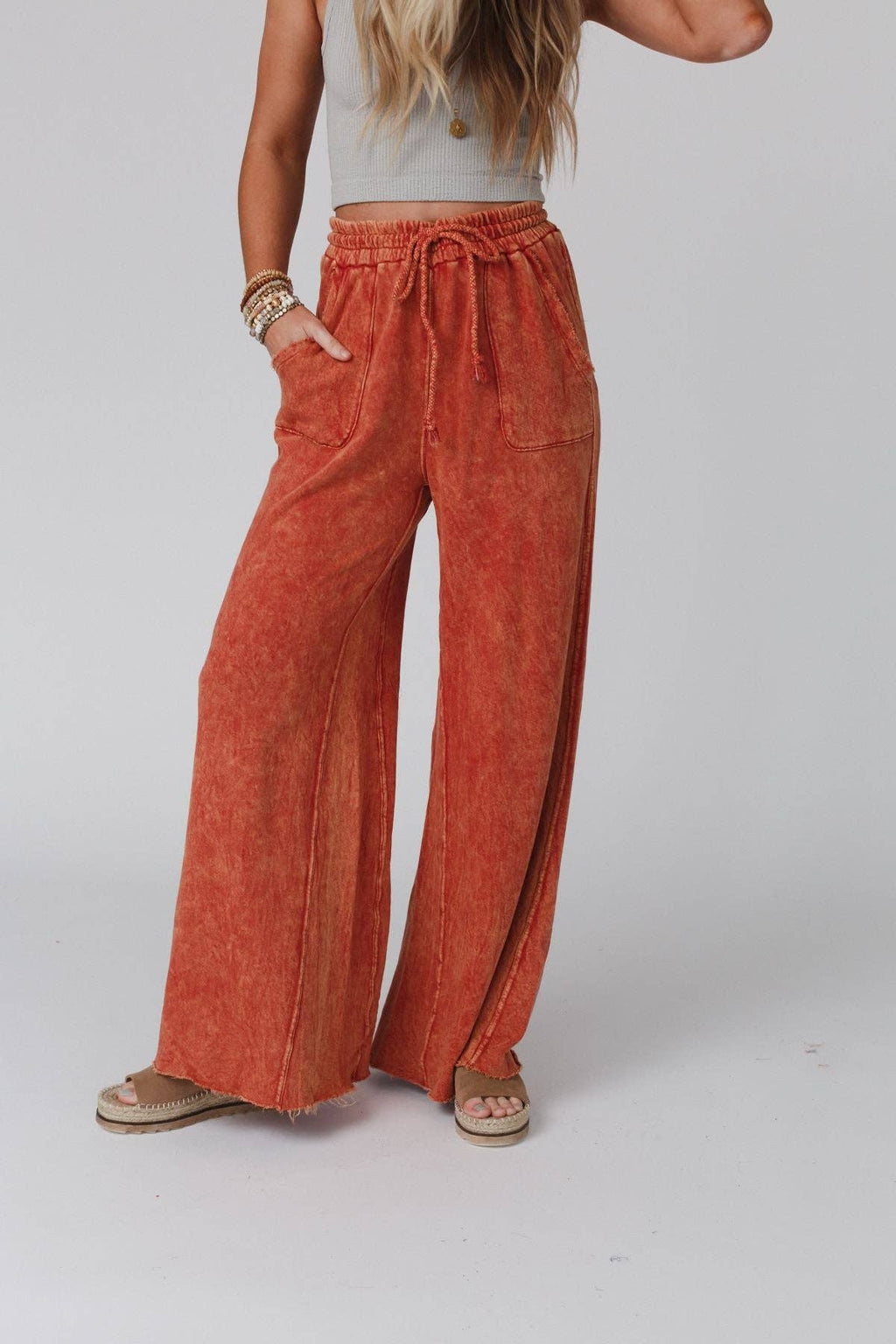 Vintage Wash Wide Leg Pants- Tangerine