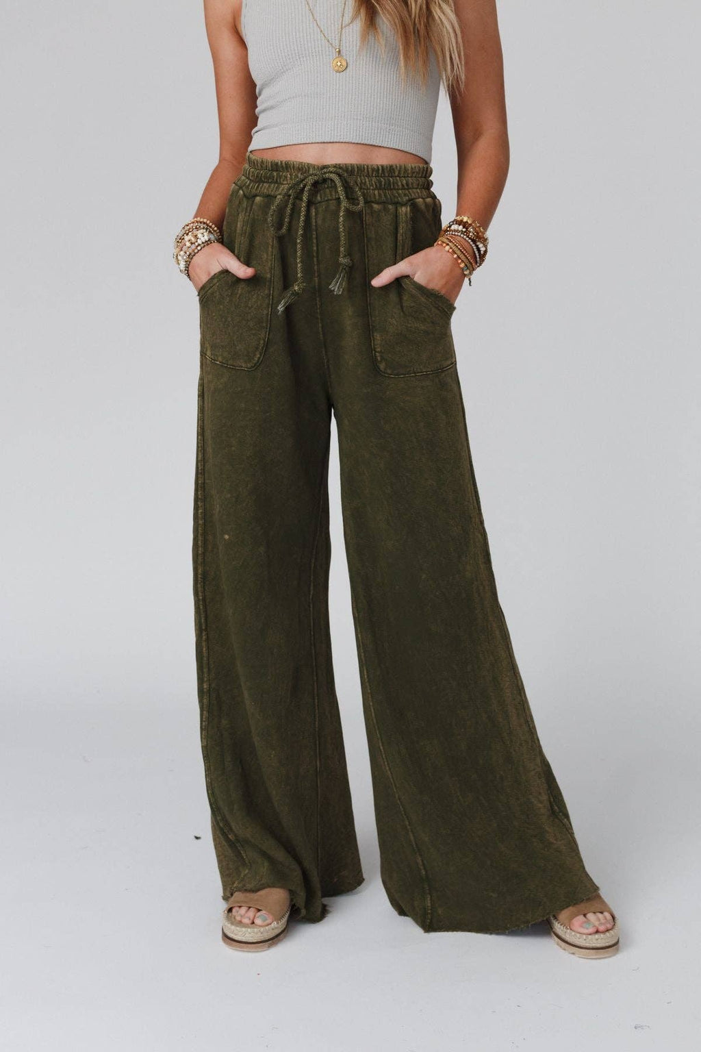 Vintage Wash Wide Leg Pants- Olive