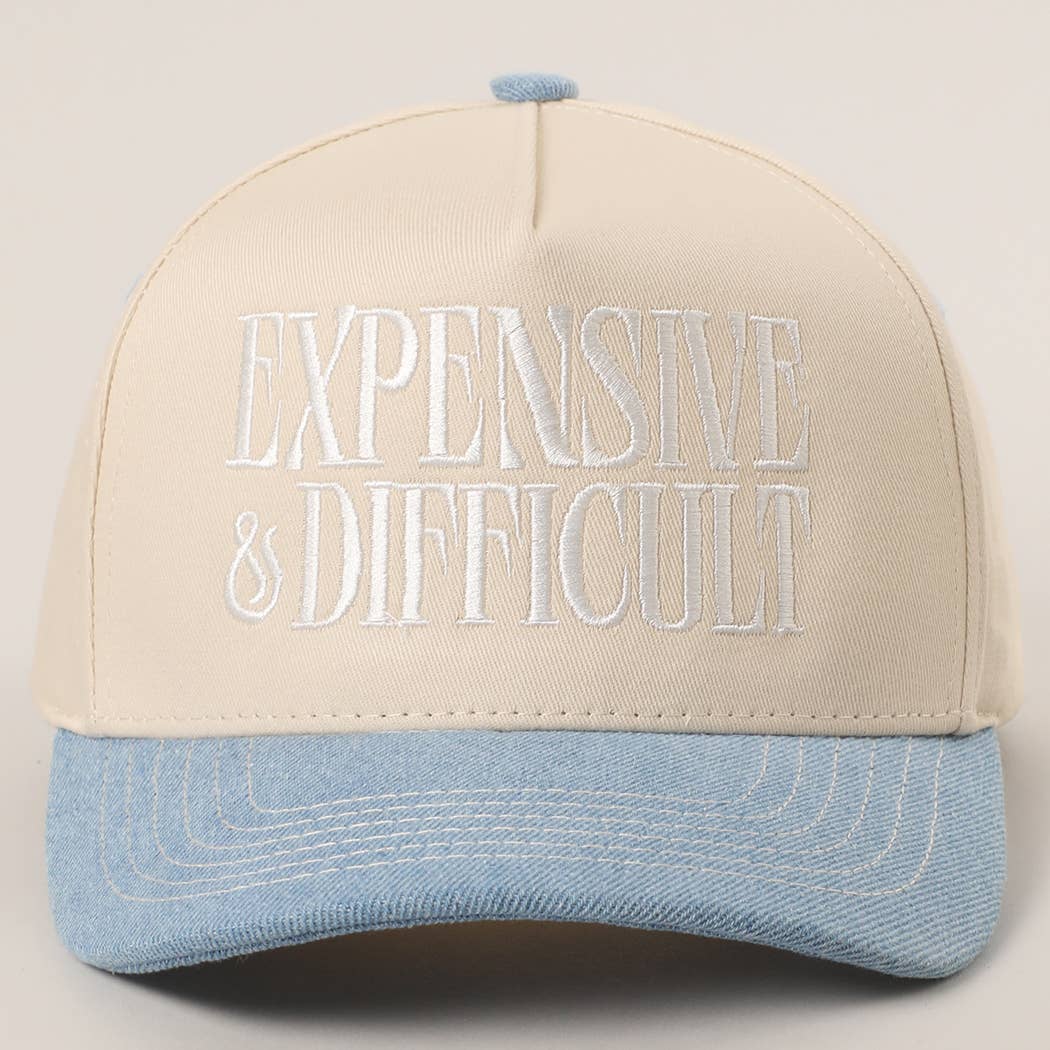 EXPENSIVE and DIFFICULT Embroidered Trucker Hat- Light Denim