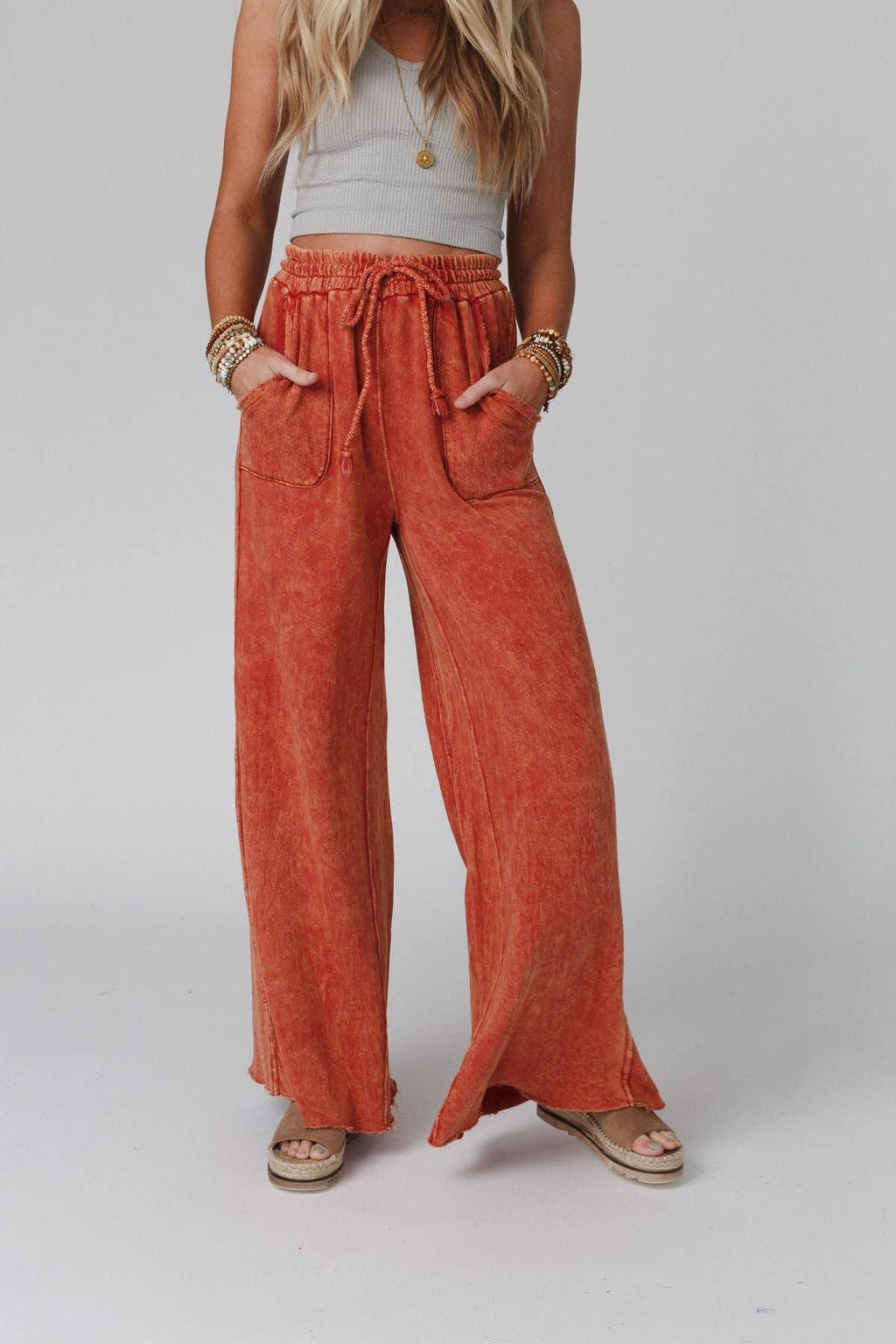 Vintage Wash Wide Leg Pants- Tangerine