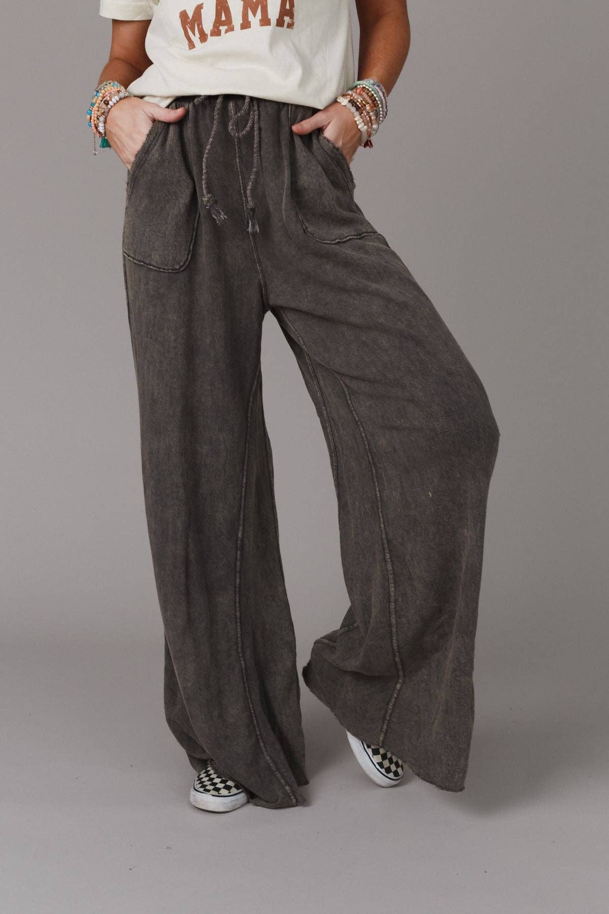 Vintage Wash Wide Leg Pants- Charcoal