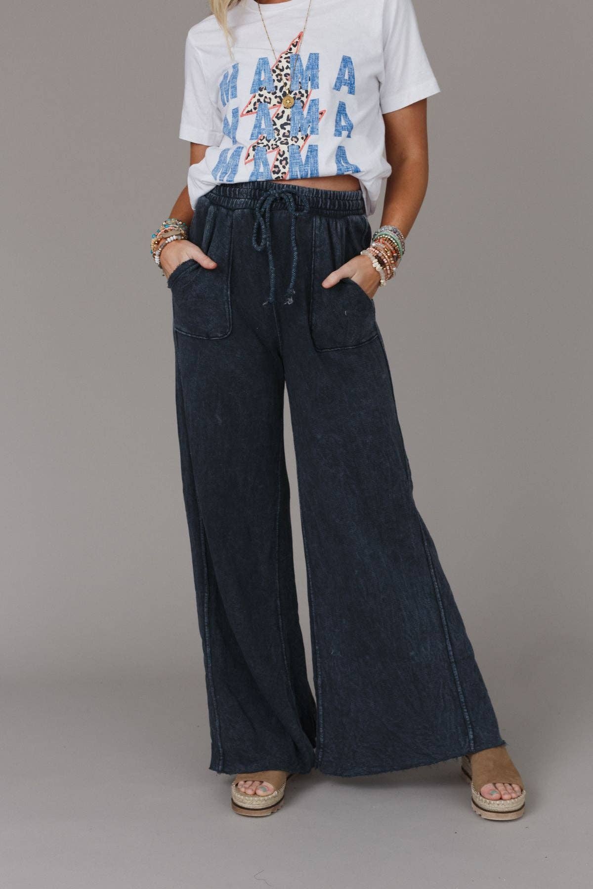 Vintage Wash Wide Leg Pants- Navy