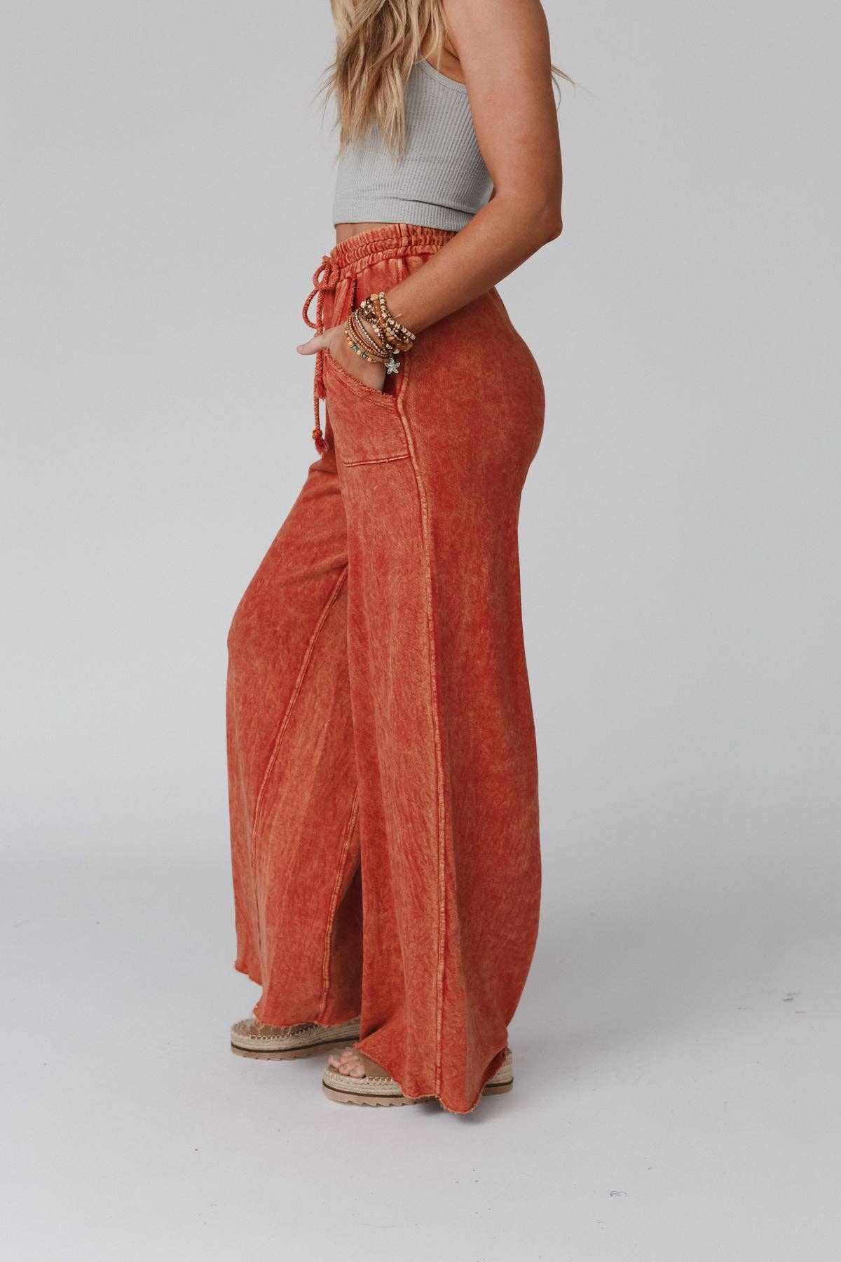 Vintage Wash Wide Leg Pants- Tangerine