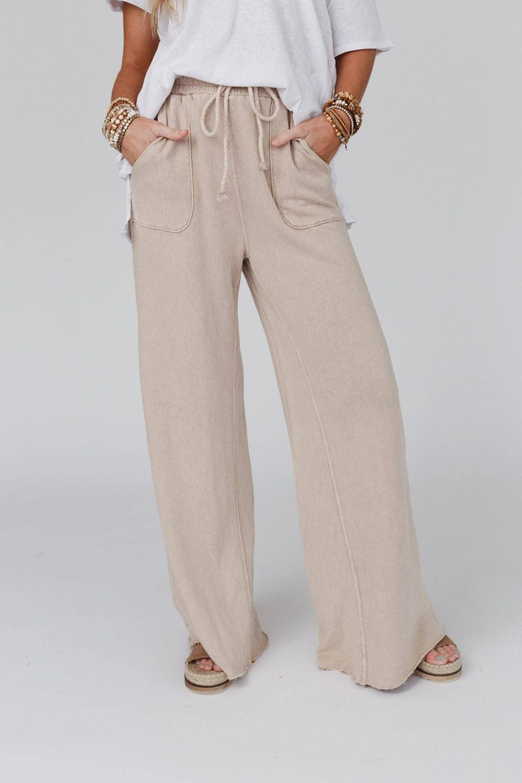 Vintage Wash Wide Leg Pants- Cream