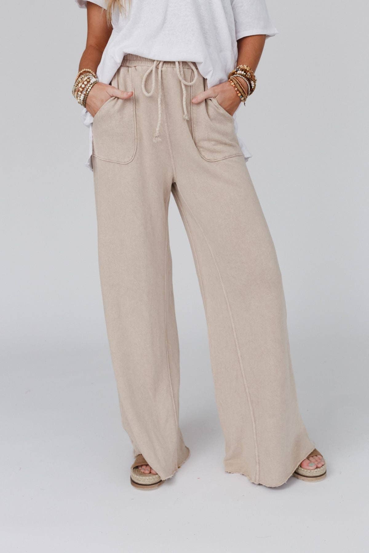 Vintage Wash Wide Leg Pants- Cream