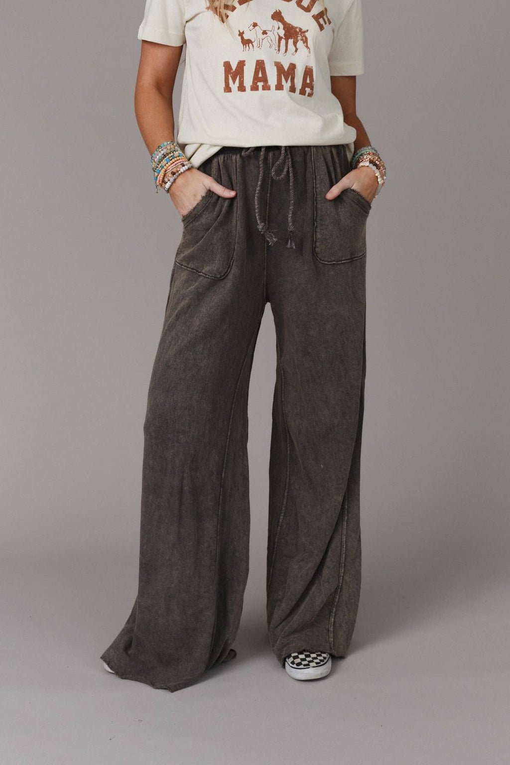 Vintage Wash Wide Leg Pants- Charcoal