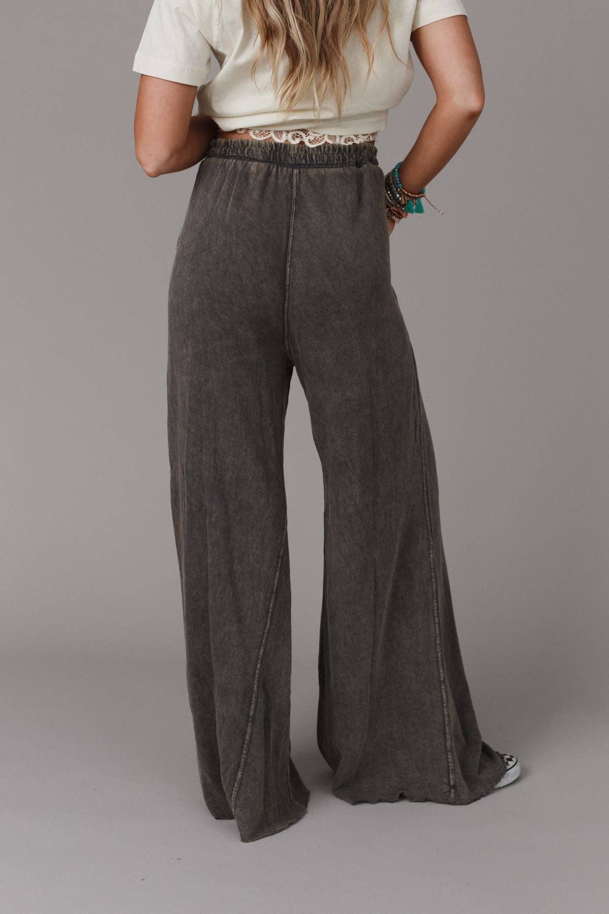 Vintage Wash Wide Leg Pants- Charcoal