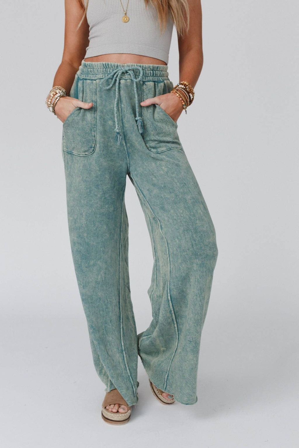 Vintage Wash Wide Leg Pants- Aqua