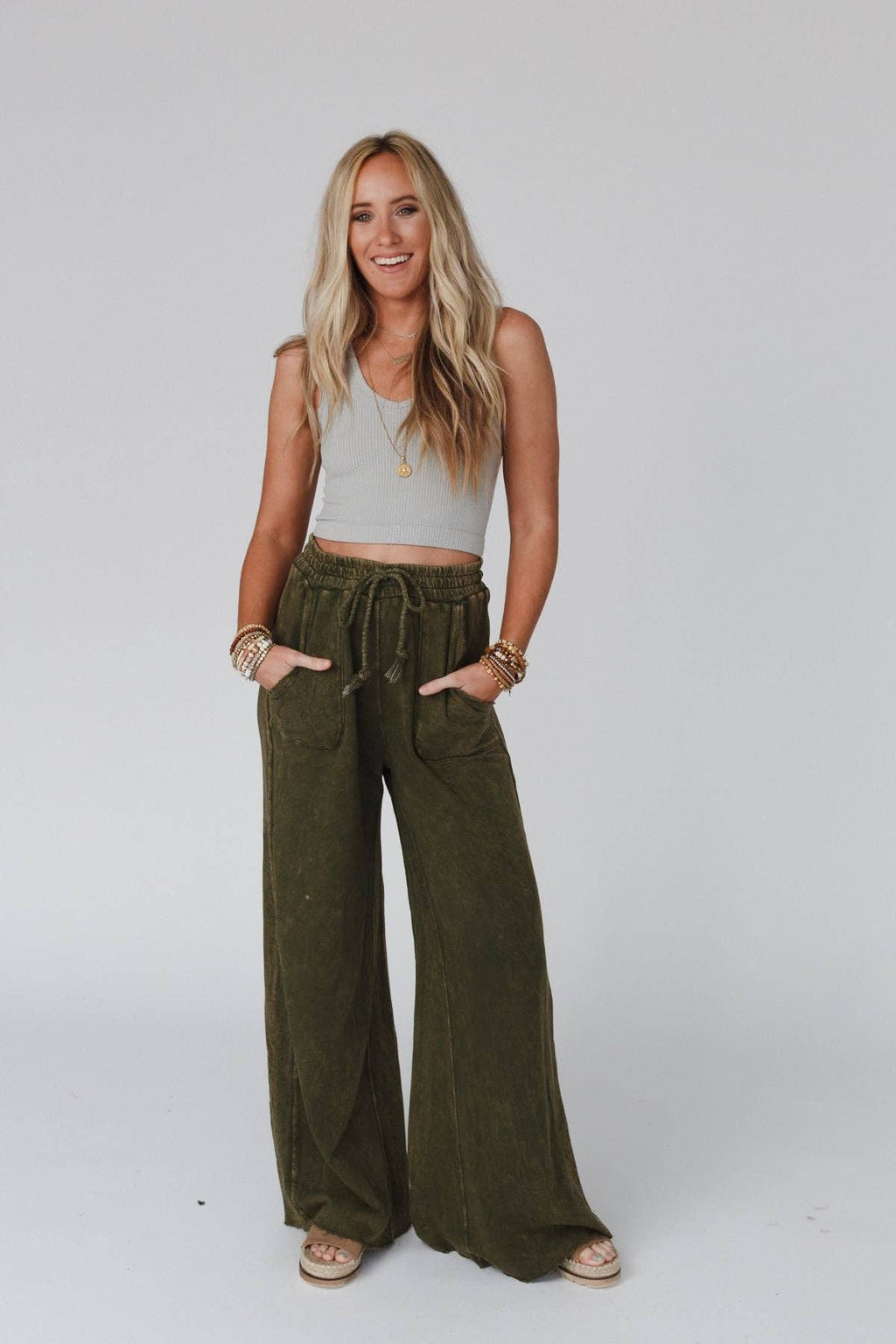 Vintage Wash Wide Leg Pants- Olive