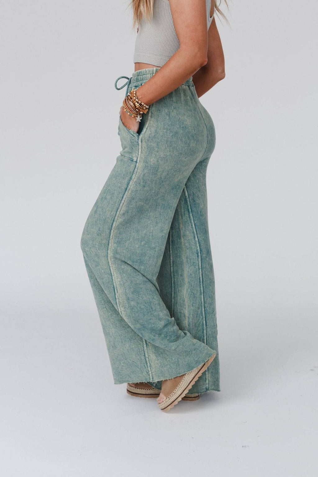 Vintage Wash Wide Leg Pants- Aqua
