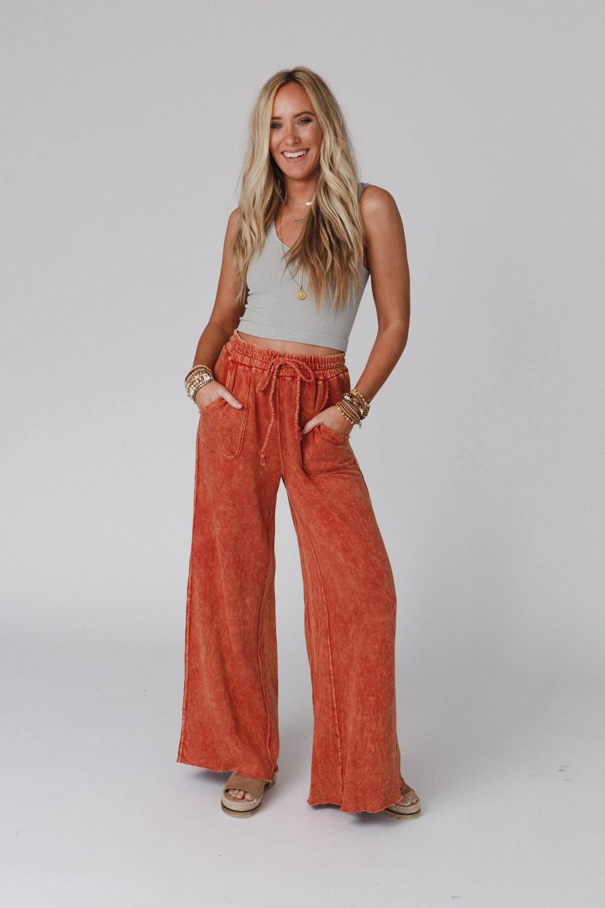 Vintage Wash Wide Leg Pants- Tangerine