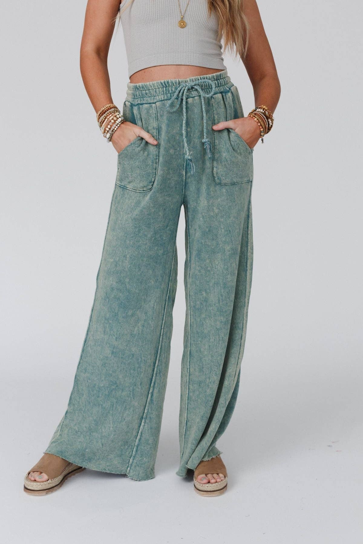 Vintage Wash Wide Leg Pants- Aqua